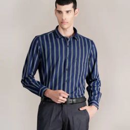 Cantabil Navy Blue Cotton Regular Fit Striped Shirt-image-78