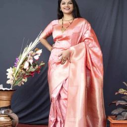 SHUBHKALA Peach & Golden Silk Woven Saree With Unstitched Blouse-image-33