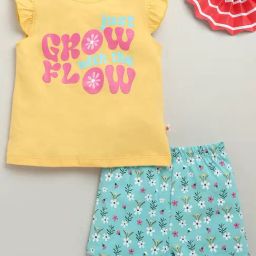 Bumzee Girls Yellow Cotton Floral Tshirt and Shorts-picture-22