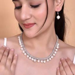 VOJ Silver Plated Pearls and AD-Studded Necklace & Earrings for Women-13