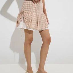 Nuon by Westside Beige Checks Design Mid-Rise Cotton Skirt-image-41