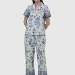 Fabindia Off-White & Blue Cotton Floral Print Shirt Pyjama Set-image-73