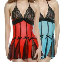 FIMS: Fashion is my Style Green & Red Lace Work Babydoll With Thong-picture-44