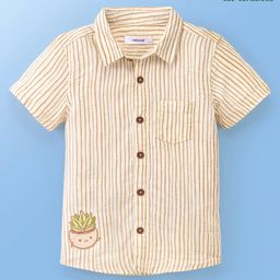 Babyoye Cotton Linen Woven Half Sleeves Shirt Striped With Plant Embroidered - Off White & Brown-image-5