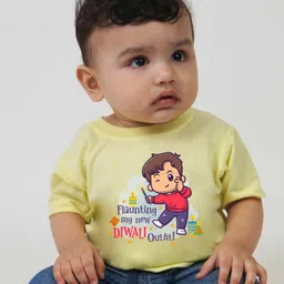 KNITROOT Diwali Themes Half Sleeves Flaunting My New Diwali Outfit Text Printed Tee - Yellow-picture-39