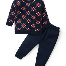 Babyhug Knit Full Sleeves Designed   Pullover Sweater & Pant Set - Navy  Blue-image-55