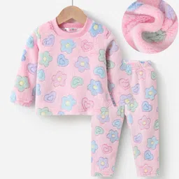 Kookie Kids Full Sleeves Winter Night Suit with Floral Print Pocket  - Pink-picture-40