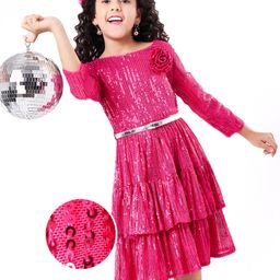 Hola Bonita Three Fourth  Sleeves  Knee Length Sequined Party Frock with Floral Applique - Fuschia-image-23