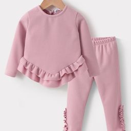 Kookie Kids Full Sleeves Textured Top & Leggings Set with Frill Detailing - Pink-image-39
