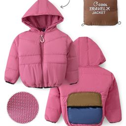 Little Kangaroos Woven Full Sleeves Solid Hooded Jacket - Onion Pink-image-84
