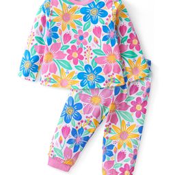 Babyhug Cotton Knit Full Sleeves Night Suit With Floral Print - Multicolor-image-96