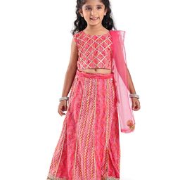 Teentaare Cotton Sleeveless Choli Lehenga & Dupatta Set with Bandhani Print - Pink-image-0
