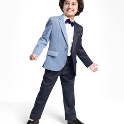 Robo Fry Woven Full Sleeves Solid 3 Piece Party Suit With Bow - Navy Blue & Grey-picture-26