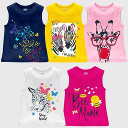KUCHIPOO Pack Of 5 Sleeveless Butterfly & Zebra Printed Cotton T Shirts - Multi Colour-picture-18