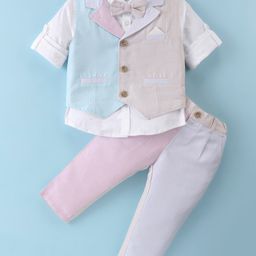 ToffyHouse 100% Poplin Woven Full Sleeves Striped &  Solid Colour 3 Piece Party Suit with Bow - Multicolour-image-47