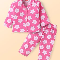 Babyhug Cotton Knit Full Sleeves Night Suit with Floral Print - Dark Pink-image-22