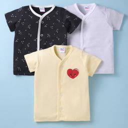 Ben Benny 100% Cotton Interlock Knit Half Sleeves Front Open Jhablas with Heart Print Pack of 3 - Black Cream and White-picture-31