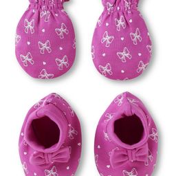 Babyhug 100% Cotton Knit Mittens & Booties Set with Bow & Hearts Print - Dark Pink-image-19
