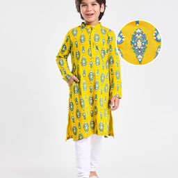 EARTHY TOUCH Premium Cotton Knit Full Sleeves Kurta & Pyjama Set with Floral Print & Rhinestone Detailing - Yellow-image-41