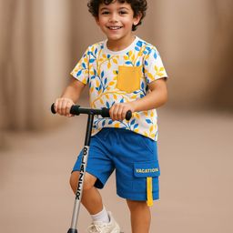 Ollington St. Cotton Half Sleeves Leaf Printed T-Shirt & Shorts Set - White & Blue-image-38