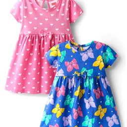 Babyhug Single Jersey Knit Half Sleeves Frocks with Hearts & Bow Print Pack of 2 - Pink & Blue-image-83