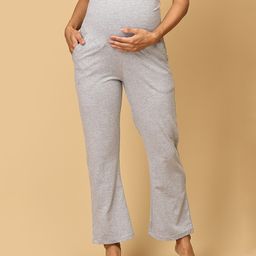 The Mom Store Cotton Spandex Solid Maternity Track Pants - Grey-image-30