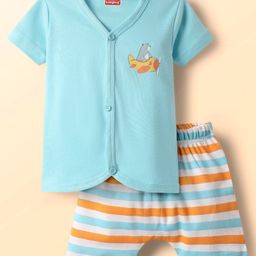 Babyhug Cotton Knit Half Sleeves Shorts Night Suit With Stripes & Bear Print - Light Blue-image-59