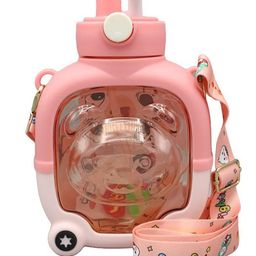 New Pinch Cartoon Bear Kids Water Bottle Cute Plastic Water Bottle with Straw Large Capacity Portable for Children- Pack of 1- Color May Vary - 1000 ml-image-47