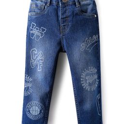 Babyhug Denim Full Length Washed Jeans With Stretch & Sports Theme Print - Navy Blue-image-62