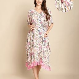 Secret Wish Rayon Woven Half Batwing Sleeves Floral Printed Maternity Kaftan Nighty With Side Seam Nursing Access - Light Pink-image-97