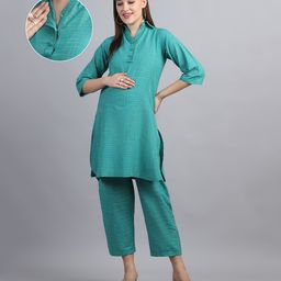 Moms Maternity Cotton Blend Woven Three Fourth Sleeves Checked Maternity Kurti With Front Open Nursing Access & Coordinating Pant Set - Green-image-89