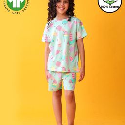 Anthrilo 100% Cotton Knit Half Sleeves Ice Cream Printed Coordinating Night Suit Set - Aqua Blue-image-95