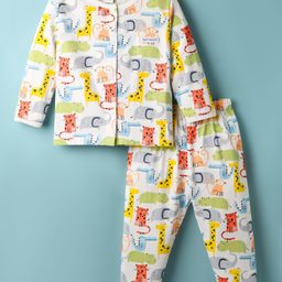 ToffyHouse 100% Cotton Knit Full Sleeves Night Suit With Animal Print - Offwhite-picture-4