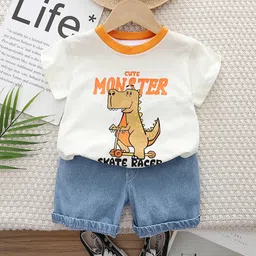 Googo Gaaga Cotton Woven Half Sleeves Cute Monster Text Printed Tee & Shorts Set - White-picture-23