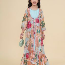 Bitiya By Bhama Silk Woven Gota Lace Embellished Dress With Three Fourth Sleeves Floral Printed Jacket Set - Sea Green-image-96
