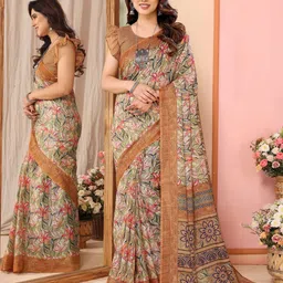ODETTE  Floral Printed Saree With Unstitched Blouse-49