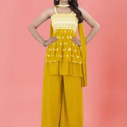 PARROT CREATION Floral Embroidered Georgette A-Line Kurti With Palazzos And Dupatta-image-74