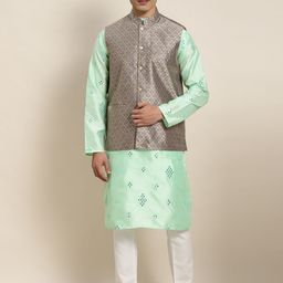 SOJANYA Men Sea Green Embroidered Mirror Work Kurta with Pyjamas With Nehru Jacket-35