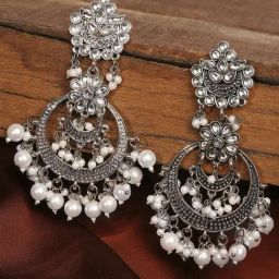 Oomph Oxidized Silver Tone Kundan & Pearls Large Ethnic Chand Bali Earrings-35