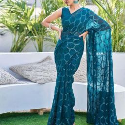 Satrani Rama Blue Embellished Saree With Unstitched Blouse-image-48