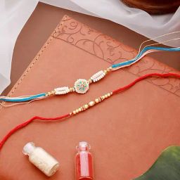 Aatmana Set of 2 White Faux Pearls Beaded & Enamelled Thread Rakhi with Roli & Chawal-picture-19