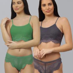 AROUSY Green & Grey Self Pattern Bra Panty Set - Pack Of 2-image-97
