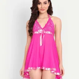 FIMS: Fashion is my Style Hot Pink Lace Work Babydoll With Thong-image-72
