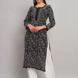 PARAMOUNT CHIKAN Black Cotton Embroidered Straight Kurta-image-75