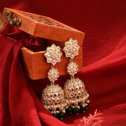 Zaveri Pearls Green Cluster Beads & Dazzling Kundan Embellished Statement Jhumki Earrings-ZPFK16208-31