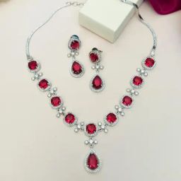 Abdesigns Silver Cubic Zirconia American Diamond Necklace & Earring Set-28