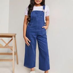 AND girl Dark Blue Solid Dungaree-image-32