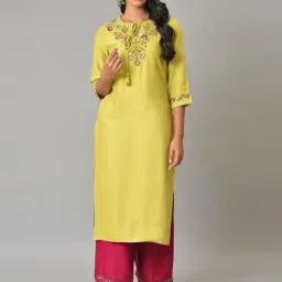 W Lime Green Embroidered Straight Kurta-image-2