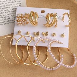 DressBerry Set Of 9 Gold-Plated Alloy Pearls Hoop Earrings-picture-5
