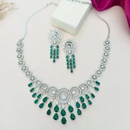 Abdesigns Silver Cubic Zirconia American Diamond Necklace & Earring Set-20